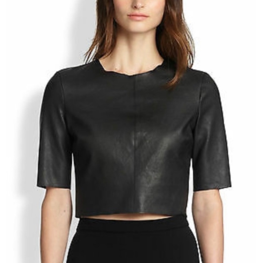 A.L.C. “COREY” EXPOSED SEAM LEATHER CROP TOP, SZ XS BLACK